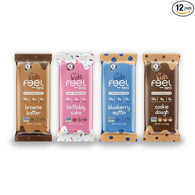 FEEL Kids Protein Bars Minis | Variety Pack | 10g Plant Protein | 100 Calories | No Added Sugar | Daily Veggies | Gluten Free No Nuts No Soy No Dairy No Grains (Pack of 12)