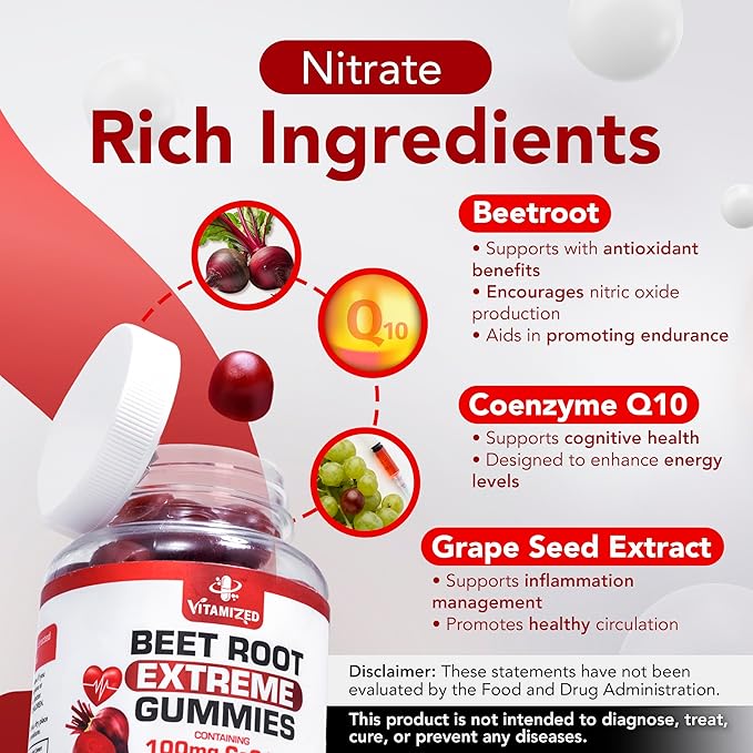 Extreme Beetroot Formula &amp COQ10 100mg with Grape Seed Extract for Circulation Energy &amp Flow Beet Root Gummies Extract Gluten Free 60