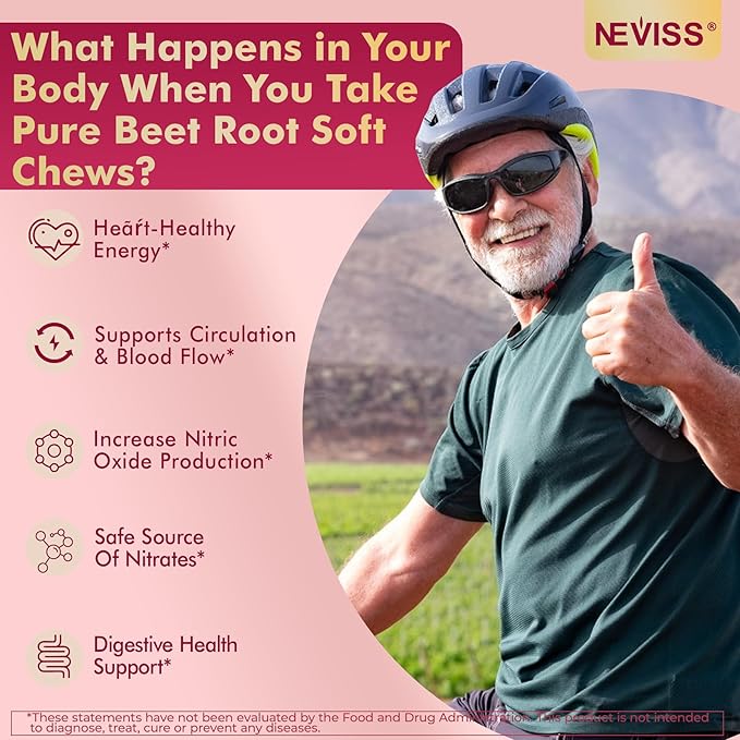 NEVISS Beet Héāŗt Chews 1500mg Nitric Oxide and Blood Préssũre Support 5 in 1 Beets Supplements w/Grape Seed L-Citrulline Vitamin B6 &amp B12 for Energy &amp Circulation Support 60 Chews Sugar