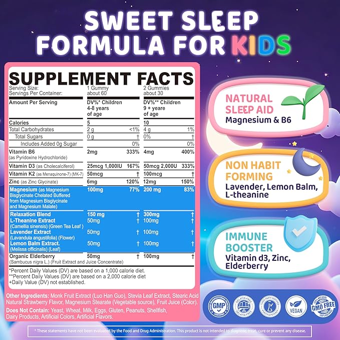 Kids Sleep Gummies NO Melatonin Sleep Aid Gummies w/ Magnesium Glycinate Magnesium Malate L-Theanine Lavender B6 Zinc D3K2 for Restful Sleep Relax Brain &amp Muscle Immune Support Non-GMO 1