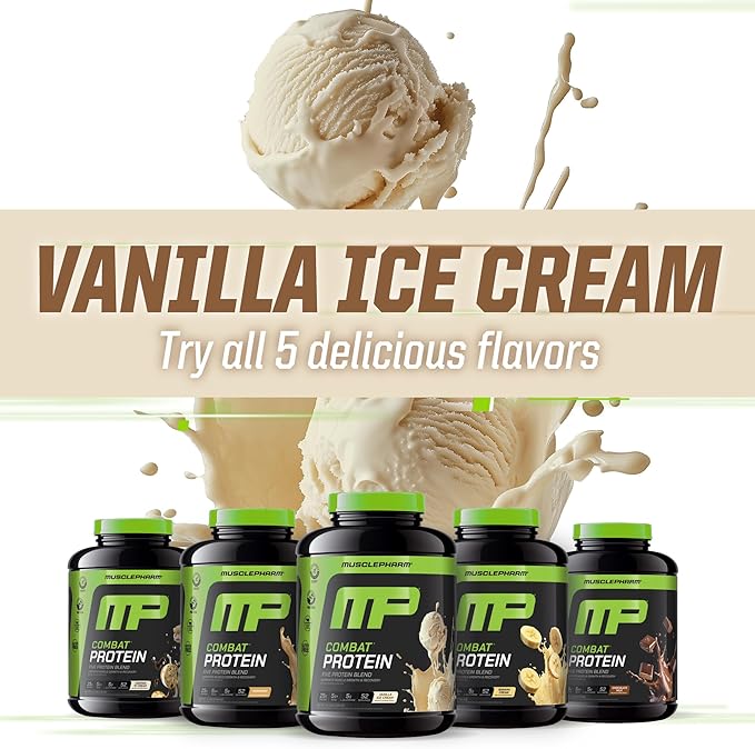 MusclePharm Combat Protein Powder Vanilla Flavor Fuels Muscles for Productive Workouts 5 Protein Sources including Whey Protein Isolate &amp Egg Albumin Gluten Free 4 lb 52 Servings