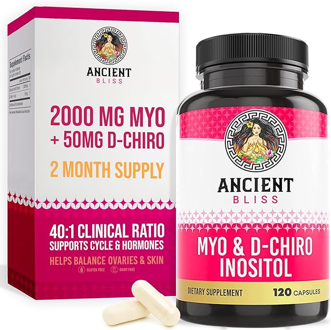 Ancient Bliss Myo &amp D-Chiro Inositol Supplement 40 to 1 Ratio Helps in Ovarian Function Support for Women Vitamin B8 Helps to Regulate Menstrual Cycle 2050mg per Serving 120 Vegan Capsules
