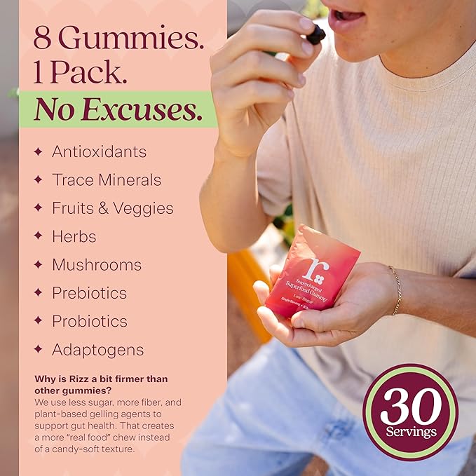 Rizz Low Sugar Green Gummies - 60+ Superfoods 6g Fiber - Prebiotic and Probiotic Gummies - Vegan Multivitamins for Women &amp Men - Gluten Free - Mushroom Fruit and Vegetable Supplements - 30 Day Su