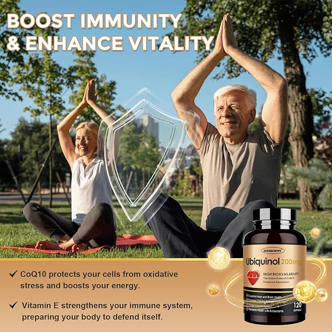 ZEBORA Ubiquinol CoQ10 200mg Softgels 4-in-1 Powerful Antioxidant for Heart and Vascular Health Essential for Energy Production Max Absorption Active Form of CoQ10 120 Softgels