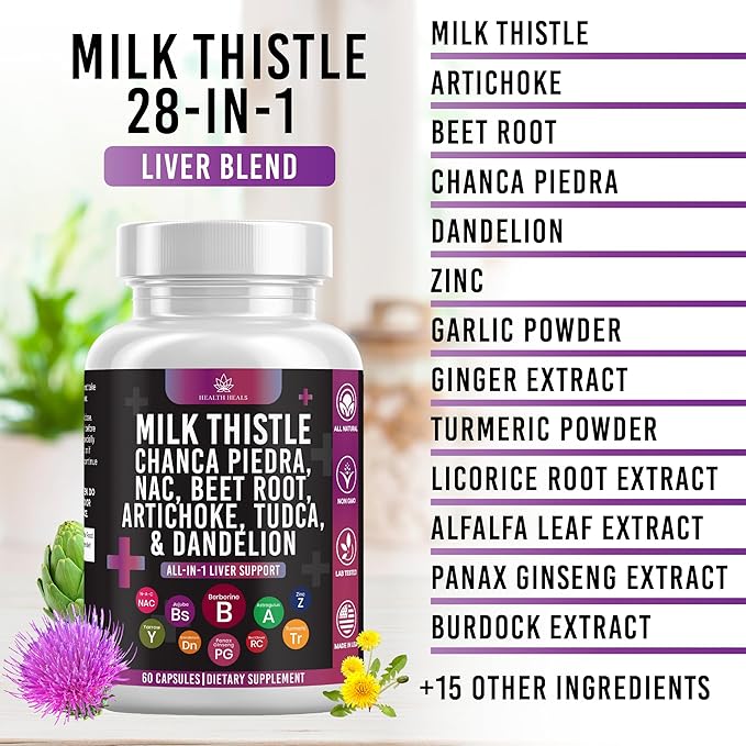 Milk Thistle NAC Chanca Piedra Beet Root Artichoke Dandelion Root - Liver Supplement Plus Astragalus TUDCA Choline &amp Ginger- 120 Count