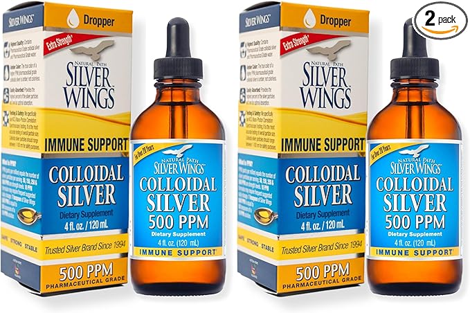 Natural Path Silver Wings Colloidal Silver 500ppm Immune Support Supplement 4 fl. oz. Dropper(Pack of 2)
