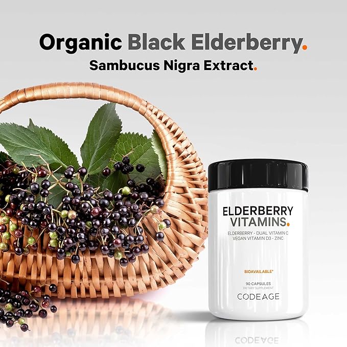 Codeage Elderberry Vitamins - Organic Fermented Elderberry Blend Vitamin C from Ascorbic Acid &amp Organic Acerola Cherries Vitamin D3 Zinc Sambucus Berries - 90 Capsules