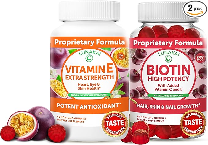 Lunakai Vitamin E and Biotin Gummies Bundle - 3000 mcg Gummies for Adults Energy Support and Bone Health - Vitamins for Hair Skin and Youthful Appearance