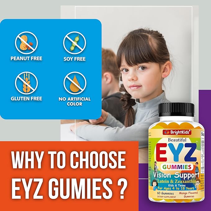 BrightKids Eye Health Gummies for Kids &amp Teens – Lutein &amp Zeaxanthin Vision Support – Vegan Non-GMO Eye Vitamins for Screen Time – Tasty Mango Flavor – 60 Gummies