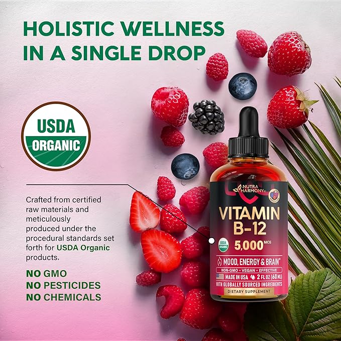 USDA Organic Vitamin B12 Sublingual Drops - 5000 mcg Liquid Vegan Methylcobalamin for Women &amp Men - Energy Boost Focus &amp Mood Brain Health Support - Maximize Absorption - 2 Month Supply 2 f