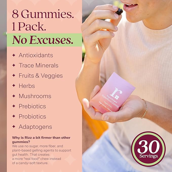 Rizz Sugar-Free Green Gummies - 60+ Superfoods 6g Fiber - Prebiotic and Probiotic Gummies - Vegan Multivitamins for Women &amp Men - Gluten Free - Mushroom Fruit and Vegetable Supplements -30 Day Su