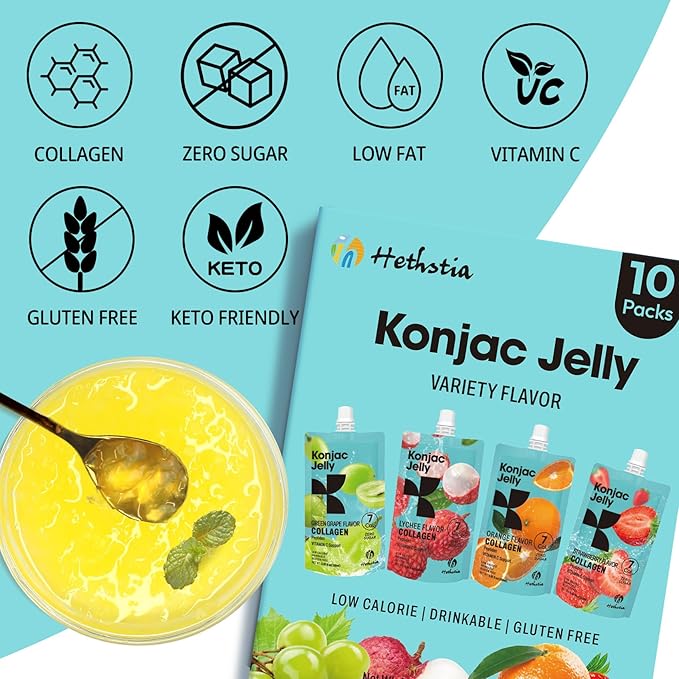 Hethstia Konjac Jelly Collagen Peptides Various Flavors and Konjac Jelly – Peach Flavor Drinkable Snack 10-Pack Squeeze Pouches