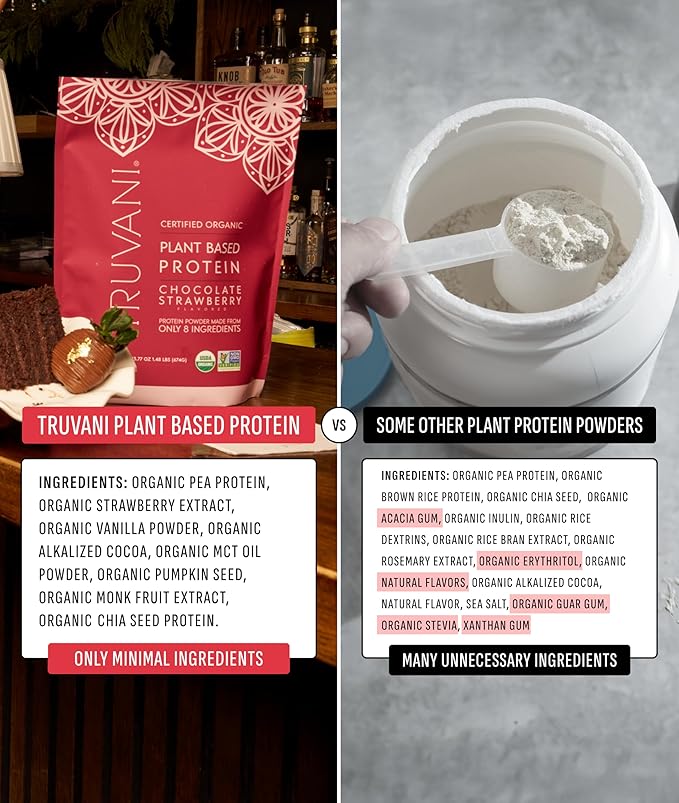 Truvani Vegan Pea Protein Powder | Chocolate Strawberry | 20g Organic Plant Based Protein | 20 Servings | Keto | Gluten &amp Dairy Free | Low Carb | No Added Sugar