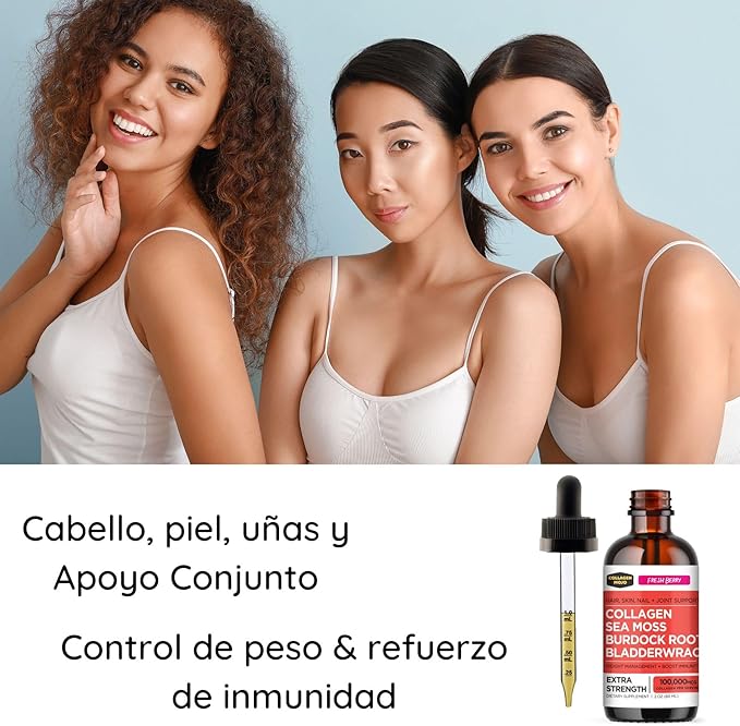 Colageno Hidrolizado para Mujeres y Hombres con Musgo Marino Raíz de Bardana y Bladderwrack. para el Cabello Piel Uñas y Articulaciones. Control de Peso y Refuerzo de inmunidad. 2 oz.