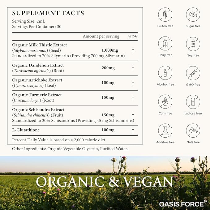 Organic Milk Thistle Extract Liquid for Liver Cleanse Detox &amp Repair Silymarin Milk Thistle Drops Supplement with Dandelion &amp Artichoke for Liver Support Vegan Alcohol-Free 2 FL OZ