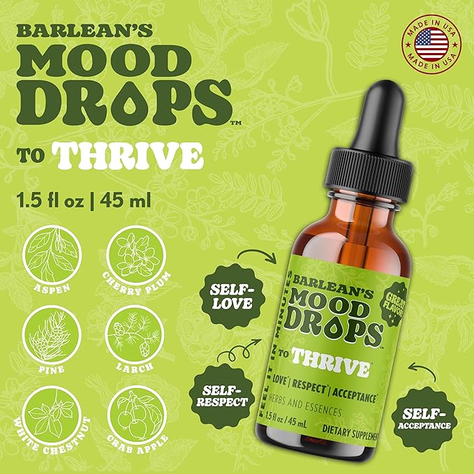 Barlean's Mood Booster Supplement Thrive Liquid Drops Supplements Ashawagandha L Theanine and Lion's Mane Extract Adaptogen Herbs Drops 1.5 oz