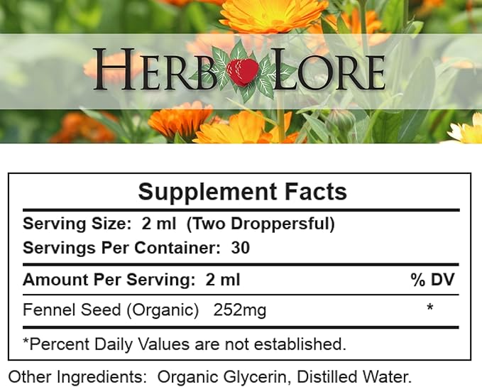Herb Lore Organic Fennel Seed Tincture - Soothes Gas &amp Bloating - Lactation Support Supplement - 2 fl oz