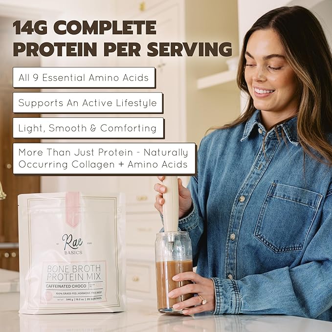 Bone Broth Protein Powder Grass Fed Collagen with 14g Complete Protein &amp 60mg Caffeine Gluten Free Keto &amp Dairy Free Organic &amp Clean Ingredients Caffeinated Chocolate 26 Servings