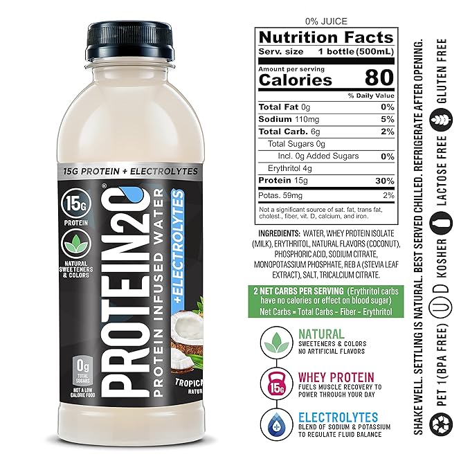 Protein2o 15g Whey Protein Isolate Infused Water Plus Electrolytes Sugar Free Sports Drink Ready To Drink Gluten Free Lactose Free Tropical Coconut 16.9 oz Bottle (12 Count)