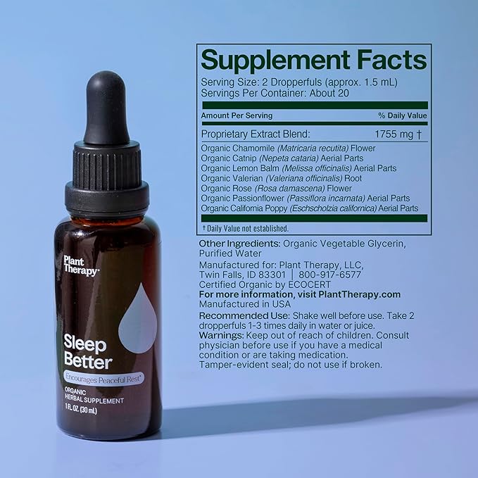Plant Therapy Organic Sleep Better Tincture 30 mL (1 oz) Supports Relaxation &amp Sleep Helps Calm a Busy Mind with Chamomile Lemon Balm &amp Valerian Extracts