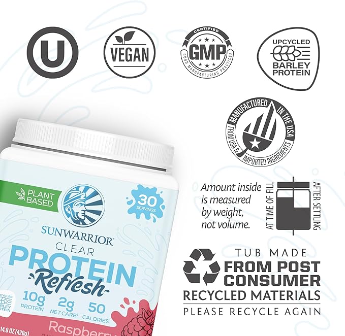 Sunwarrior Clear Protein Powder Plant-Based Water Mix Vegan and Refreshing Protein and Hydration Supplement 10g Per Serving Raspberry Flavored 420g Tub 30 Servings