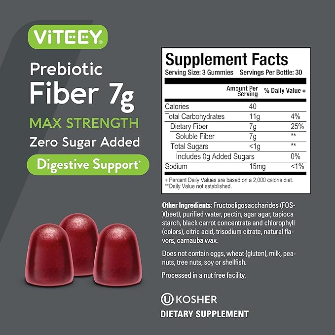 VITEEY Prebiotic Fiber Gummies for Adults 7g - Gut Health &amp Digestive Soluble Fiber Supplement Gummies - Zero Sugar Added Vegan Gluten-Free - 180 Count