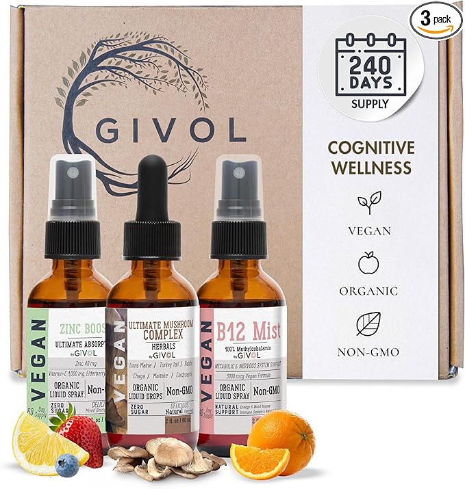 Cognitive Wellness Bundle Liquid Vitamin Trio: Methylcobalamin B12 Lions Mane Reishi Chaga Mushroom Complex &amp Zinc Picolinate: Gluten-Free Sugar-Free Non-GMO - 360 Days Supply