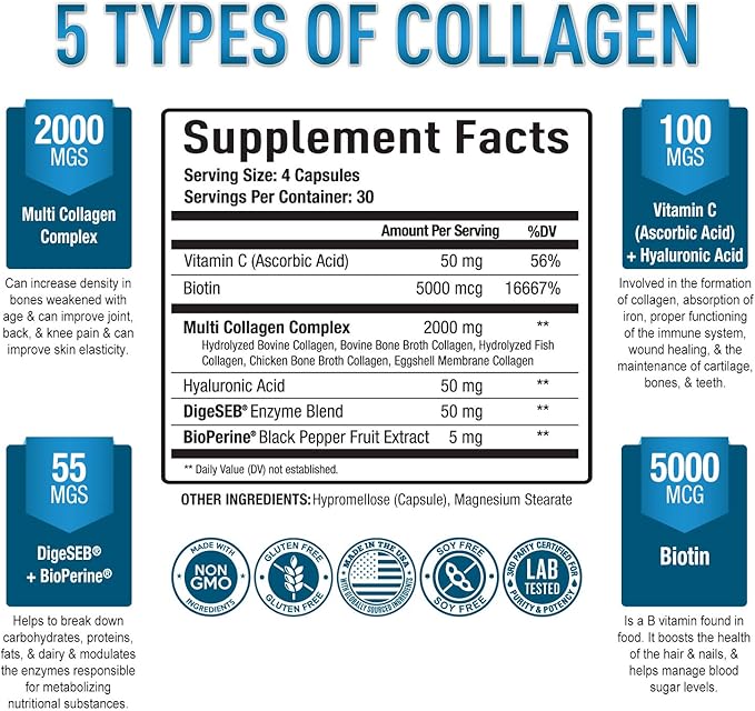 Premium Multi Collagen Peptides (Types I II II V X) - Collagen Pills for Skin Care Hair Growth Nails &amp Joints - Vitamin C Hyaluronic Acid Biotin Gluten Free - 120 Collagen Capsules