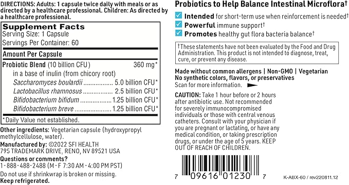Klaire Labs SFI Health ABX Support Probiotic - 10 Billion CFU Supplement for Support During Antibiotic Therapy Hypoallergenic &amp Non-Dairy (60 Capsules 2 Pack)