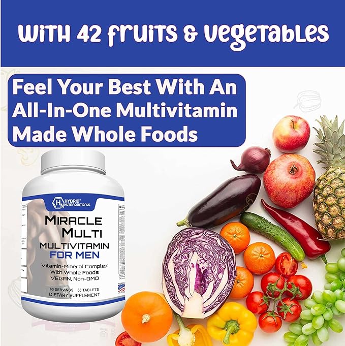 MiracleMulti Best Multivitamin for Men Vitamin and Mineral Supplement with Probiotics Superfood Enzyme Blend: Support for Heart Prostate Stamina Energy: Non-GMO (2-Pack 120 Tablets)