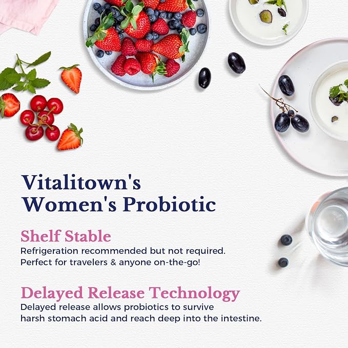 Vitalitown Women's Probiotics | 100 Billion CFUs 18 Strains | Prebiotics VC &amp B6 Cranberry | Shelf Stable | Vaginal Urinary Digestive &amp Mood Support | 60 Vegan Caps