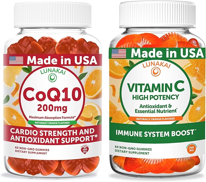 Lunakai USA Made CoQ10 200mg + Vitamin C 300mg Gummies Bundle – Naturally Flavored Non-GMO – 60ct Each