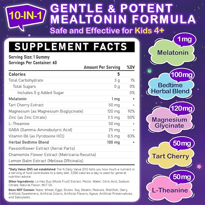 Kids Melatonin Gummy Supplements 1mg - Non-Habit Forming Melatonin Gummies Kids with Chamomile Lemon Balm L-Theanine Magnesium Zinc for Children Ages 4+ - Non-GMO Gluten Free Mixed Berry Flavor