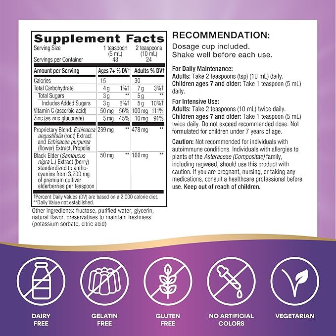 Nature's Way Sambucus Immune Elderberry Syrup Elderberry extract Vitamin C and Zinc with Propolis &amp Echinacea for Immune Support* with Superfood Antioxidants(1) 8 Fl Oz (Packaging May Vary)