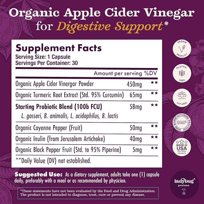 Organic Apple Cider Vinegar 30 Capsules Raw Premium Apple Cider Vinegar Capsules ACV Pills with Turmeric Root Extract Probiotic Blend Cayenne Pepper Inulin &amp Black Pepper for Digestion &amp De