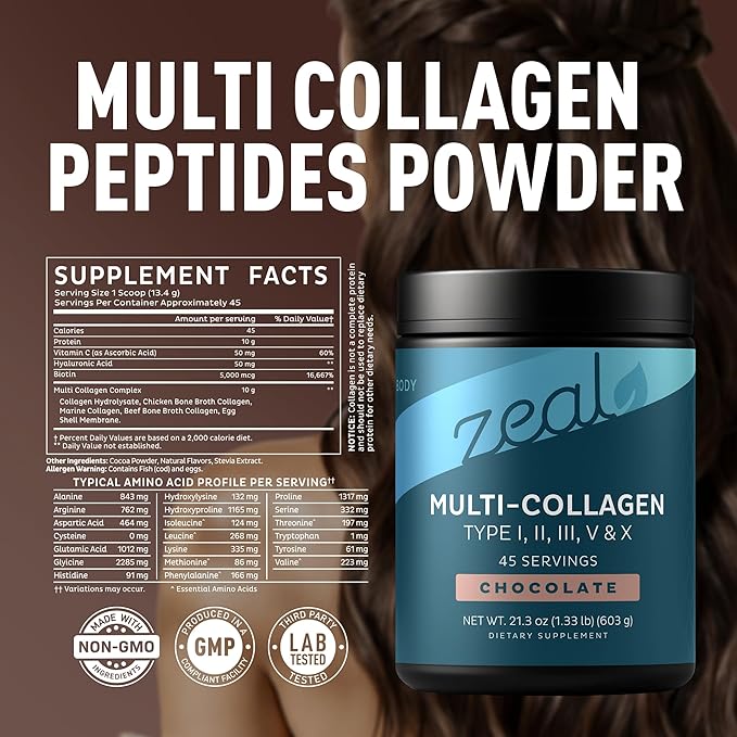 Zeal Naturals Multi Collagen Protein Peptides Powder Types I II III V X - Vitamin C Biotin &amp Hyaluronic Acid - Hair Skin &amp Nails - Marine Bovine Chicken &amp Eggshell - Chocolate 45 Serv