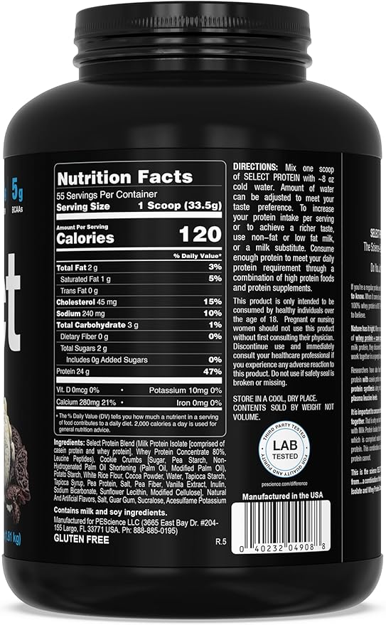 PEScience Select Protein Powder Whey and Casein Blend Lean Protein Powder for Women and Men Low Calorie Low Carb Keto Friendly Gluten Free Cookies and Cream - 55 Servings