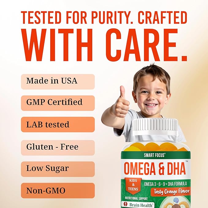 Focus Supplement for Teens &amp Kids – Brain Focus Gummies for Concentration Memory Clarity &amp Attention | Omega DHA Plant-Based 60 Gummies | Teen Brain Vitamins &amp Kids Focus Vitamins – Fish