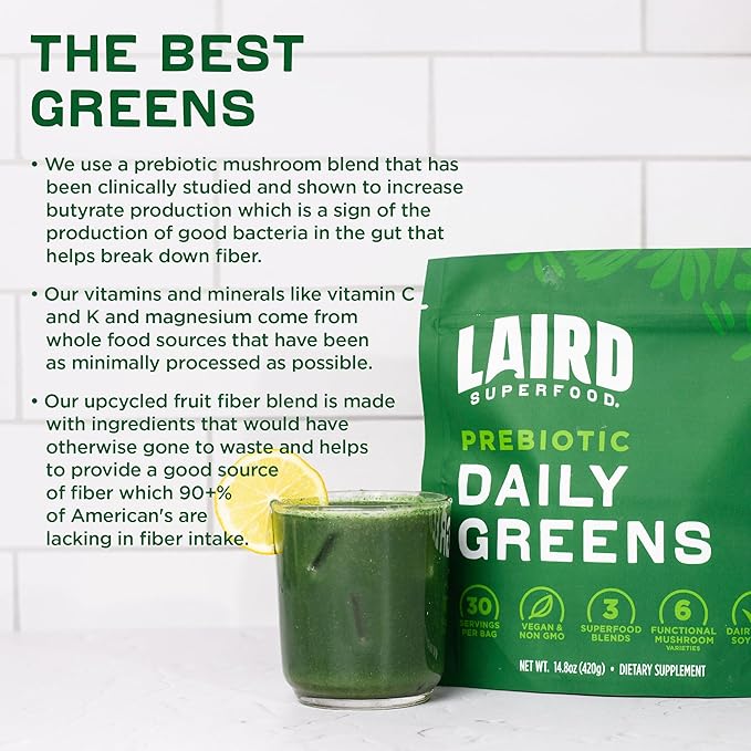 Laird Superfood Prebiotic Daily Greens Powder – Essential Vitamins &amp Minerals - Prebiotic Fiber Adaptogen and Fruits &amp Vegetables – Supports Gut Health – Non-GMO Vegan - 14.8 oz Bag Pack of