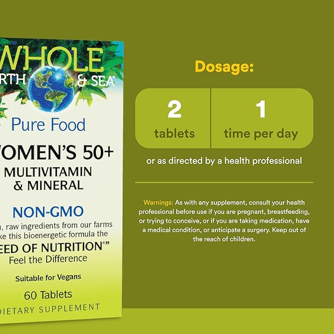 Natural Factors Whole Earth &amp Sea Women's 50+ Multivitamin &amp Mineral - Daily Multivitamin with Calcium Selenium &amp More - Supports Bone &amp Brain Health - 60 Tablets (30 Servings)
