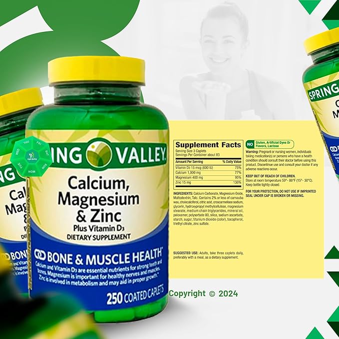Calcium Magnesium Zinc &amp Vitamin D3 Dietary Supplement 250 Caplets (2 Pack) with Bundle Exclusive Better Ligth&ampSpring Guide + Weekly Pill Organizer (4 Items)