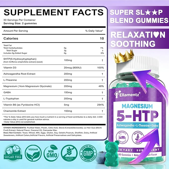 5HTP Gummies + GABA - Melatonin Free -Magnesium Glycinate Ashwagandha L-Theanine L-Tryptophan &amp Vitamin D3 | Relaxation &amp Calm Gummies | Nighttime Support for Adults 2 Pack