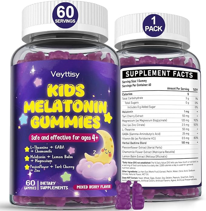Kids Melatonin Gummy Supplements 1mg - Non-Habit Forming Melatonin Gummies Kids with Chamomile Lemon Balm L-Theanine Magnesium Zinc for Children Ages 4+ - Non-GMO Gluten Free Mixed Berry Flavor