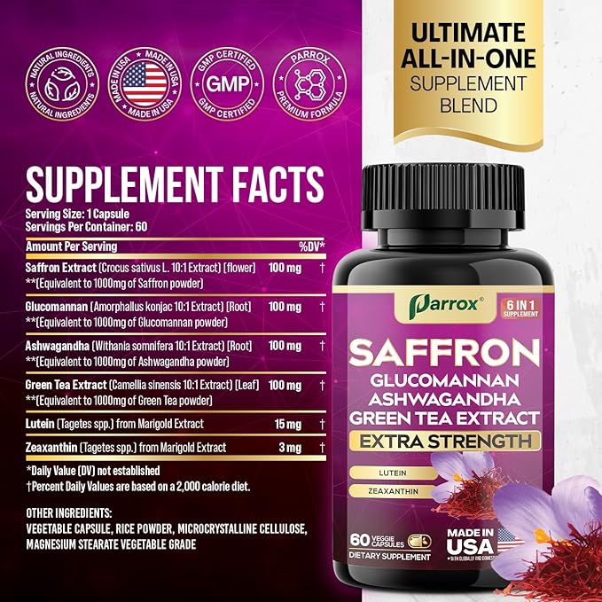 Saffron Supplement with Glucomannan Ashwagandha Green Tea Extract Zeaxanthin &amp Lutein Vision Support &amp Daily Wellness Formula Extra Strength Plant-Based Capsules 6 Month Supply (3 Pack)