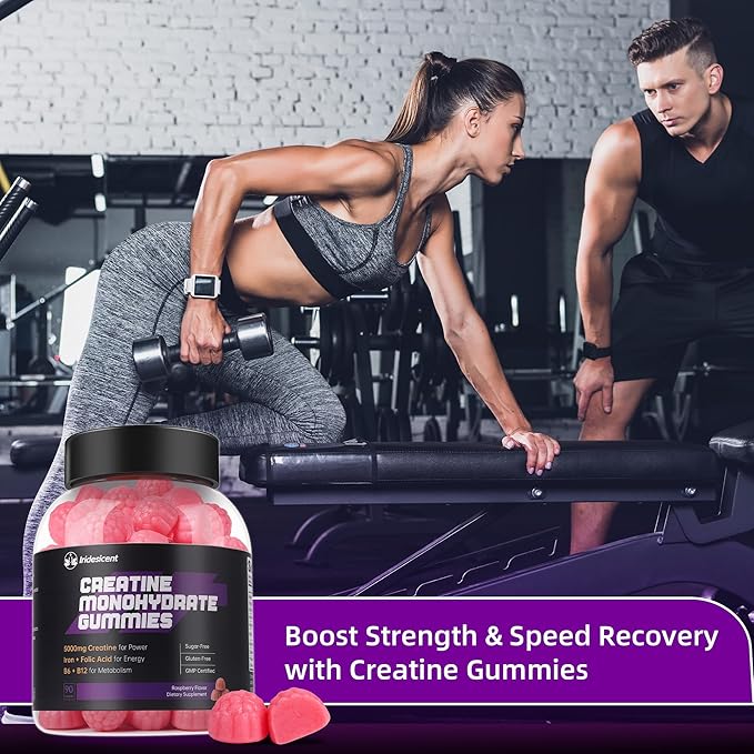 Creatine Monohydrate Gummies 5000mg w/Iron Vitamin B6 &amp B12 Sugar Free 5g Creatine Supplements for Women and Men Boost Energy &amp Muscle Recovery - 90 Raspberry Gummies
