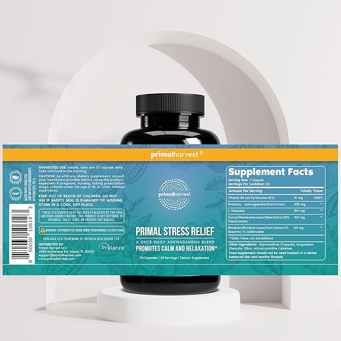 Primal Harvest Stress Relief Supplement for Women and Men Pure Ashwagandha Root Extract L-Theanine Supplements 60 Capsules