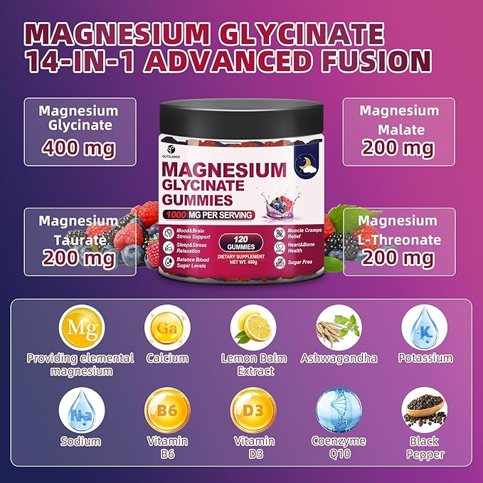 120 CT Magnesium Glycinate Gummies 1000 mg for Women and Men Magnesium Malate &amp Taurate Supplements for Sleep Body Support and Relaxation Sugar Free Vegan Raspberry BlackBerry Blueberry Flavo