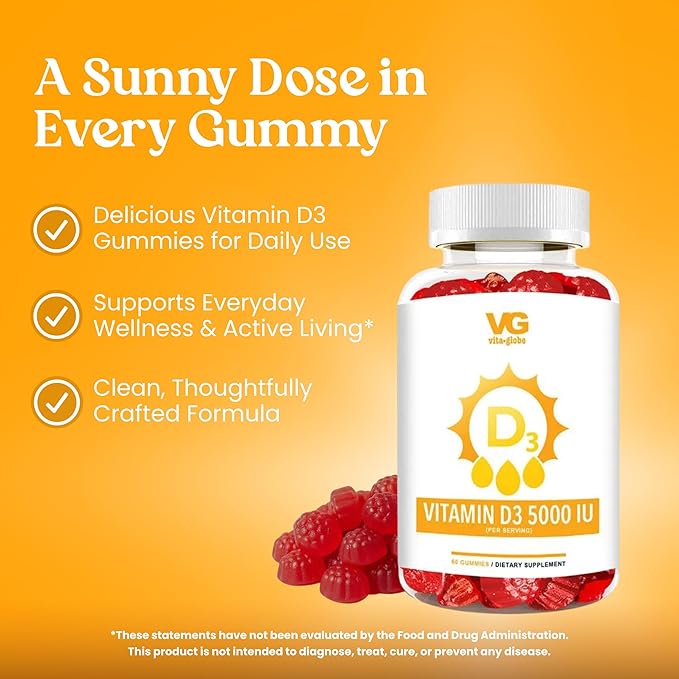 VITA GLOBE Vitamin D3 5000 IU (250 mcg) with Zinc and Echinacea Gummy Extra Strength Vitamin D Supplement for Bone and Immune Health Support 120 Count (Pack of 2)