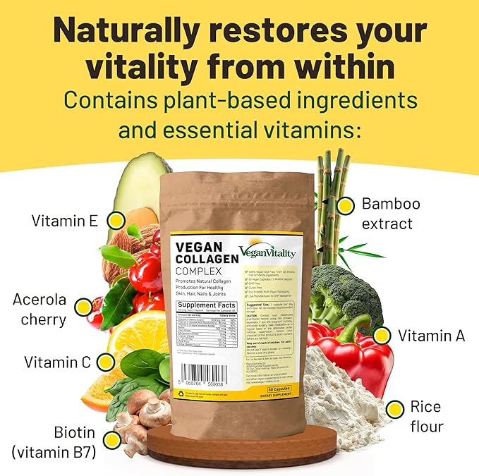 Vegan Vitality Skin &amp Brain Bundle 2 Months Supply - D3 K2 Lion's Mane Omega 3 Algae Oil and Vegan Collagen