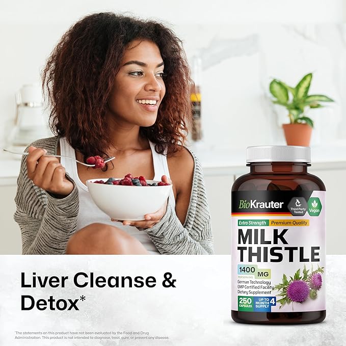 BIO KRAUTER® Milk Thistle Supplement for Liver Cleanse &amp Detox - Pure Vegan Milk Thistle Extract 1400 mg per Serving Сontains Silymarin - 250 Capsules 125 Days of Supply Non-GMO